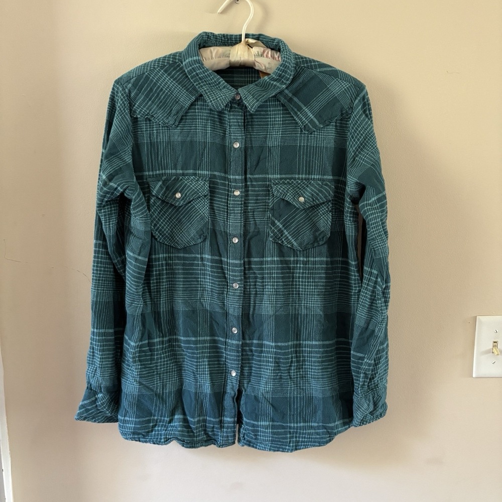 Wrangler Wrancher Men L Teal Blue Plaid Flannel Western Pearl Snap Shirt